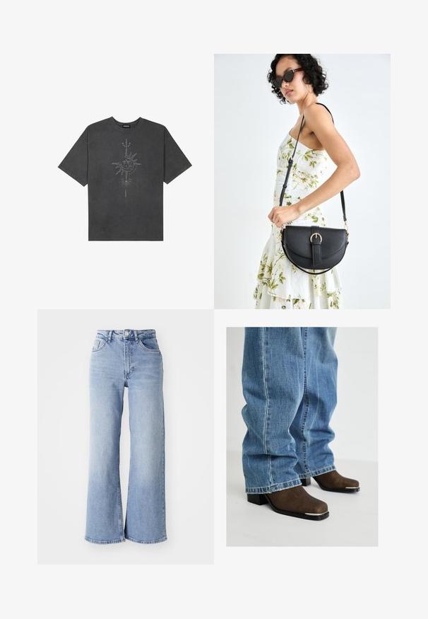 Dark gray oversized t-shirt made of cotton, featuring a central sun graphic with intricate line details printed on the front.; Light blue high-waist wide-leg jeans with front and back pockets, button closure, and subtle fading on the thighs and hems.; Brown leather ankle boots with square toes, black heels, and silver accents, paired with light blue denim jeans featuring a relaxed fit.; Black leather handbag with a curved shape, detachable strap, and gold hardware. The bag features a flap with a buckle detail.