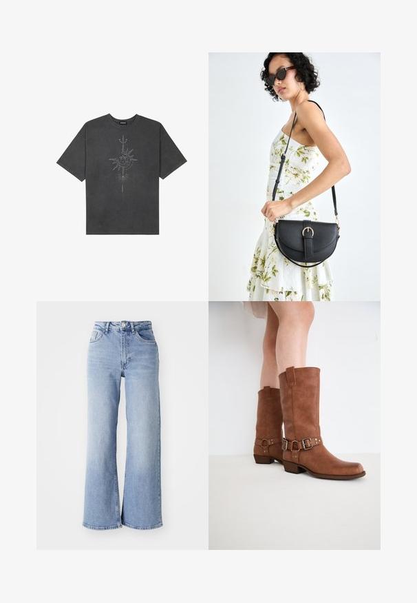 Dunkelgraues, oversized T-Shirt aus Baumwolle, das auf der Vorderseite mit einem zentralen Sonnenmotiv und komplexen Liniendetails bedruckt ist.; Himmelblaue hochtaillierte Schlagjeans mit vorderen und hinteren Taschen, Knopfverschluss und dezentem Verblassen an den Oberschenkeln und Säumen.; Braune Leder-Stiefeletten mit leicht spitz zulaufender Zehenpartie, dekorativen Schnallen und einem niedrigen gestapelten Absatz. Glatte Textur mit matter Oberfläche.; Schwarze Lederhandtasche mit geschwungener Form, abnehmbarem Tragegurt und goldenen Beschlägen. Die Tasche verfügt über einen Deckel mit einer Schnallen-Details.