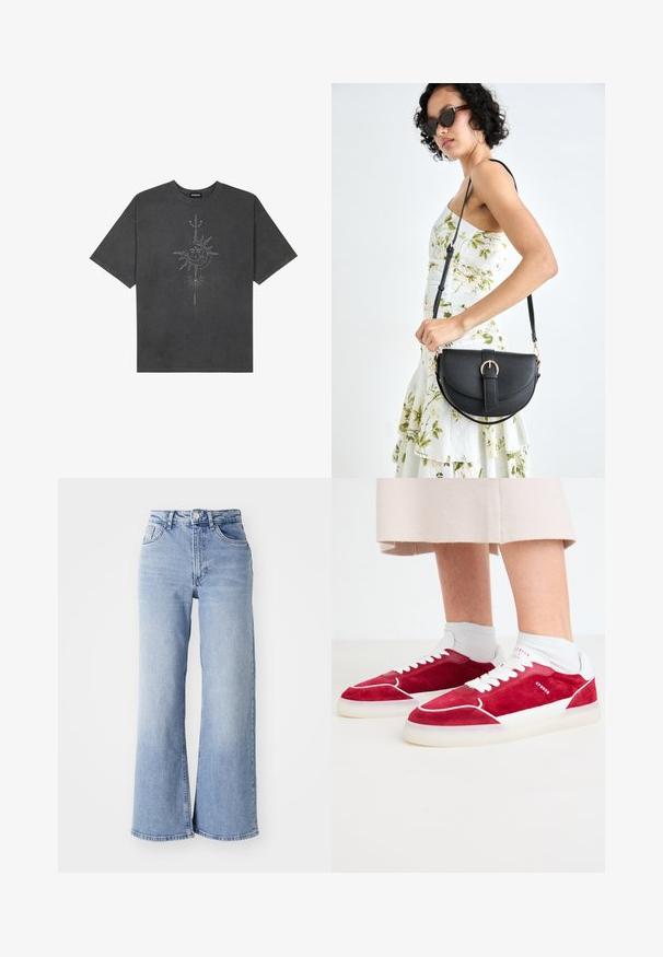 Donkergrijze oversized t-shirt van katoen, voorzien van een centrale zonafbeelding met ingewikkelde lijndetails die op de voorkant zijn gedrukt.; Lichtblauwe hoge taille wijde pijpen jeans met voor- en achterzakken, knoopsluiting en subtiele vervagingen op de dijen en zomen.; Rode suède sneakers met witte accenten en veters, met een gladde rubberen zool en minimalistische ontwerpelementen.; Zwarte leren handtas met een gebogen vorm, afneembare schouderband en gouden hardware. De tas heeft een klep met een gespsluiting.