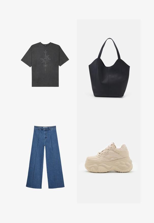 Musta harmaa ylisuurennettu t-paita, joka on valmistettu puuvillasta ja jossa on keskellä aurinkokuvio, jossa on monimutkaisia viivadetaileja painettuna etupuolelle.; Korkeat vyötäröiset, keskisiniset, leveiden lahkeiden denim-farkut, joissa on nappikiinnitys ja kontrastiväriset pystysaumadetaileja edessä.; Beige kengät, joissa on tasainen pohja, ylhäällä sileä nahka, pyöristetty varvas ja karkeapohjainen kumi, jossa on aaltoilevat kuviot ja logotiedot.; Mustat kangaskassit, jotka on valmistettu sileästä nahasta, jossa on kaareva, avoin yläosa, kaksi olkahihnaa ja minimalistinen muotoilu.