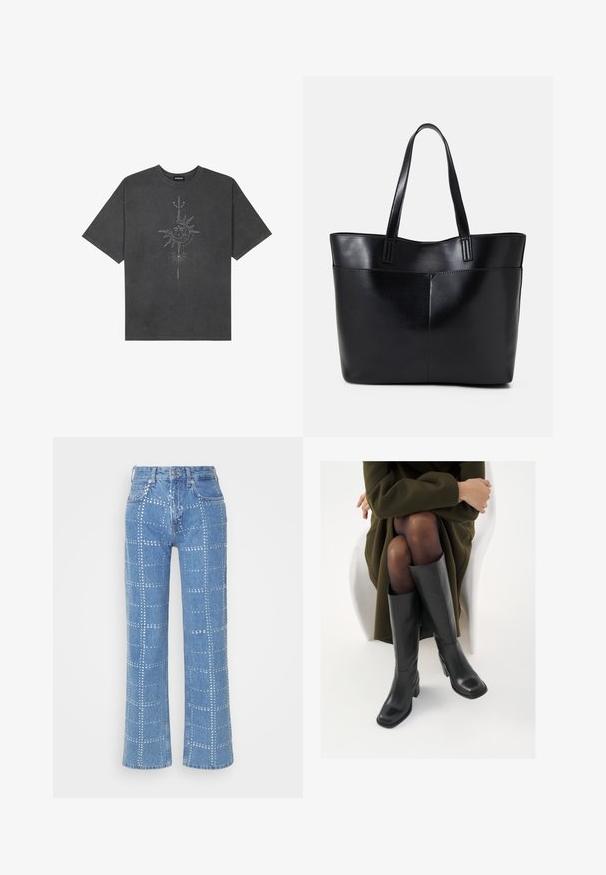 Tamsiai pilkas per didelis marškinėliai, pagaminti iš medvilnės, su centriniu saulės grafiku, turinčiu sudėtingus linijų detalizavimus, spaustu priekyje.; Šviesiai mėlyni džinsai su tiesiomis kojomis, puošti sidabriniais akutėmis, sudarančiomis tinklelį, ir klasikinio penkių kišenių dizainu.; Juodos odinės pradžios ilgio bateliai su kvadratu formos nosimi ir bloko kulnu, demonstruojami su modeliu, sėdinčiu alyvuogių žalios spalvos švarku. Lygi tekstūra, minimalus puošimas.; Juoda odinė rankinė su dviem ilgais diržais, lygiu paviršiumi ir struktūrizuota forma. Yra priekinė kišenė papildomam saugojimui.