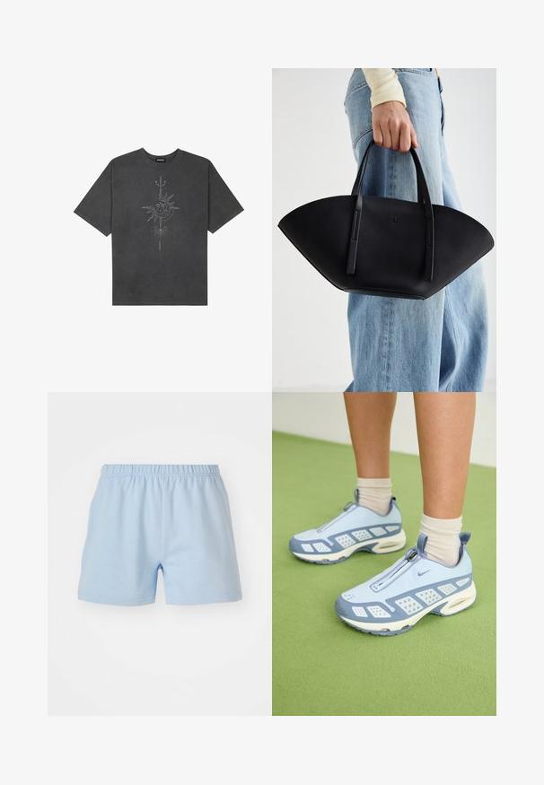 Tamsiai pilkas per didelis marškinėliai, pagaminti iš medvilnės, su centriniu saulės grafiku, turinčiu sudėtingus linijų detalizavimus, spaustu priekyje.; Šviesiai mėlyni medvilniniai šortai su elastinga juosta. Turi paprastą, lygų tekstūrą ir baigiasi kelio viduryje. Be kišenių.; Šviesiai mėlynos sportinės batuokai su baltais akcentais, tekstūruotais paneliais ir užtrauktuku. Yra matoma oro amortizavimo padas ir guminis padas.; Juodas odinis rankinis uždangalas unikaliu ventiliatoriaus formos dizainu, turintis plokščias rankenas. Paviršius turi akmeninė tekstūrą ir minimalistišką dizainą.