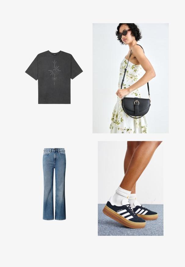 Camiseta de gran tamaño gris oscuro hecha de algodón, con un gráfico central de un sol con intrincados detalles lineales impresos en la parte frontal.; Jeans de mezcla de algodón azul con una cintura alta, diseño de pierna ancha y un lavado desgastado. Presentan un estilo clásico de cinco bolsillos y un cierre frontal con botón.; Zapatillas deportivas de gamuza negra con rayas y detalles blancos, puntera redondeada, suela de goma color caramelo, combinadas con calcetines blancos acanalados a la altura del tobillo.; Bolso de piel negra con forma curva, correa desmontable y herrajes dorados. El bolso cuenta con una solapa con un detalle de hebilla.