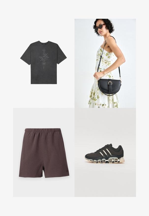Mørkegrå oversized t-skjorte laget av bomull, med et sentralt solmotiv med intrikate linjedetaljer trykket på forsiden.; Mørkebrune shorts laget av teksturert, vevd stoff. Har en elastisk midje og en liten logoakkent på nedre høyre side.; Svarte sportsko med en strukturert overflate, tre sølvstriper, og en distinkt støtdempende såle med flere integrerte seksjoner.; Svart lærveske med en buet form, avtagbar stropp og gullbeslag. Vesken har et klaff med spenne-detall.