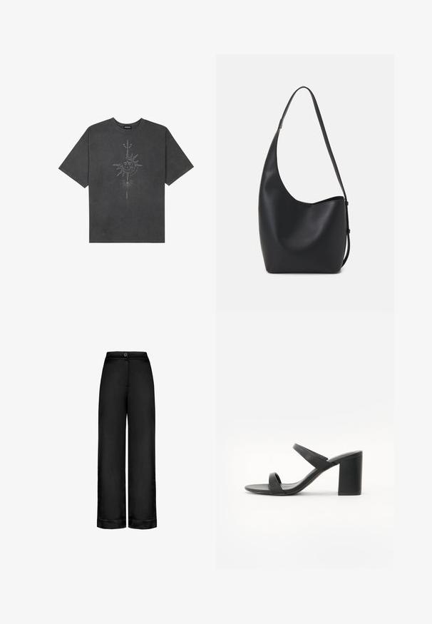 Mörkgrå överdimensionerad t-shirt i bomull, med en central solgrafik med intrikata linjedetaljer tryckta på framsidan.; Svarta vida byxor med hög midja, knäppning och slät tygfinish.; Svart högklackad sandal med två eleganta remmar, en bred blockklack och en slät matt yta, utformad för komfort och stabilitet.; Svart läder hobo-väska med en slät textur, kurvig form och en justerbar axelrem; har en bred öppning upptill.