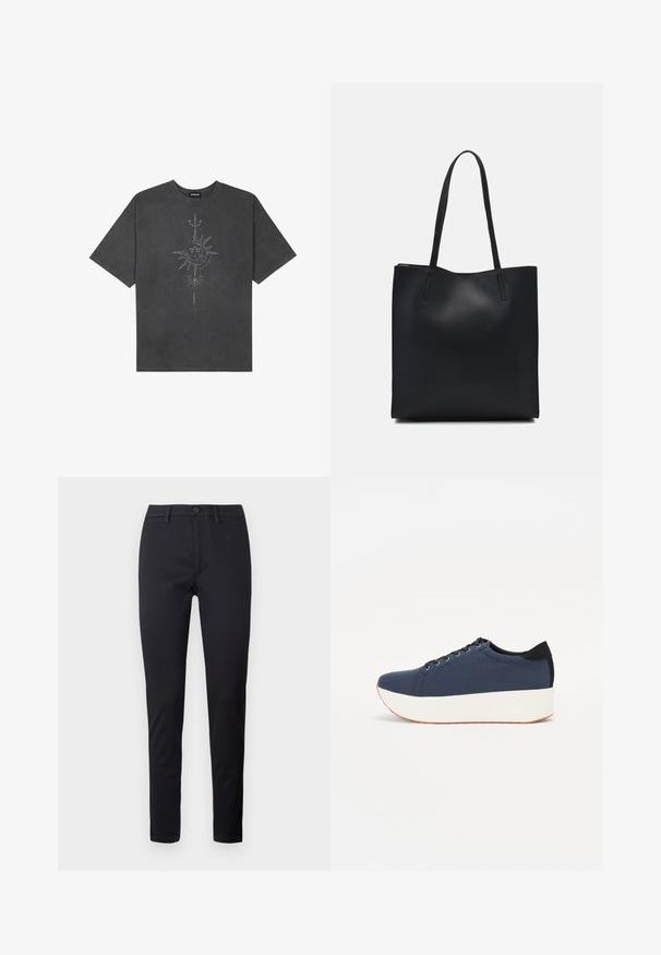 Dark gray oversized t-shirt made of cotton, featuring a central sun graphic with intricate line details printed on the front.; Black trousers made of smooth fabric, featuring a standard waistband, front pockets, and tapered legs. No visible patterns or accents.; Navy blue sneaker with a textured fabric upper, white platform sole, rounded toe, and black heel accent. Features six eyelets for laces.; Black leather tote bag with smooth texture, rectangular shape, and two long handles. No visible hardware or embellishments.