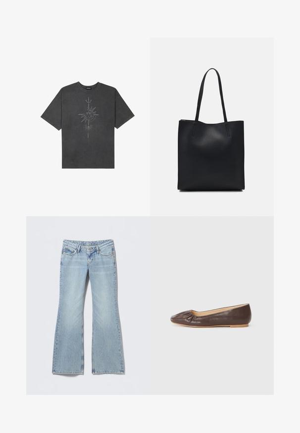 Dark gray oversized t-shirt made of cotton, featuring a central sun graphic with intricate line details printed on the front.; Light blue flared jeans with a faded finish, five-pocket design, and contrasting stitching. Cotton denim with a smooth texture.; Brown leather ballet flat with a rounded toe, gathered detailing at the front, and a flat, light-colored sole.; Black leather tote bag with smooth texture, rectangular shape, and two long handles. No visible hardware or embellishments.