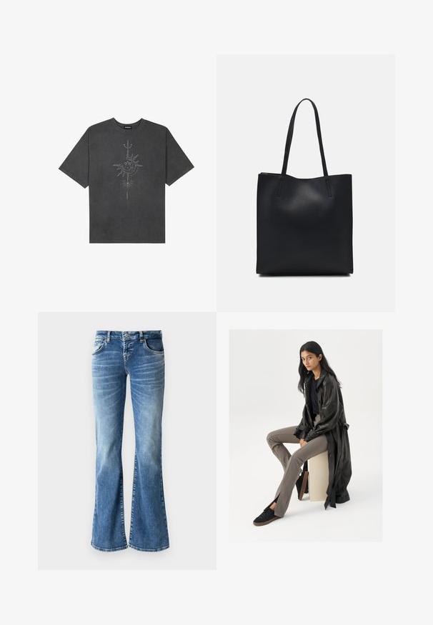T-shirt oversized cinza escuro feito de algodão, apresentando um gráfico central do sol com detalhes de linhas intrincadas impressos na frente.; Jeans flare de denim azul claro com um efeito de desbotado, cinco bolsos, detalhes costurados e fecho de zip com botão.; Casaco trench de couro preto, blusa preta ajustada, calças ajustadas bege e ténis pretos. Modelo senta-se em um cubo, com cabelos longos e lisos.; Bolsa tote preta em couro com textura lisa, forma retangular e duas alças longas. Sem hardware ou enfeites visíveis.