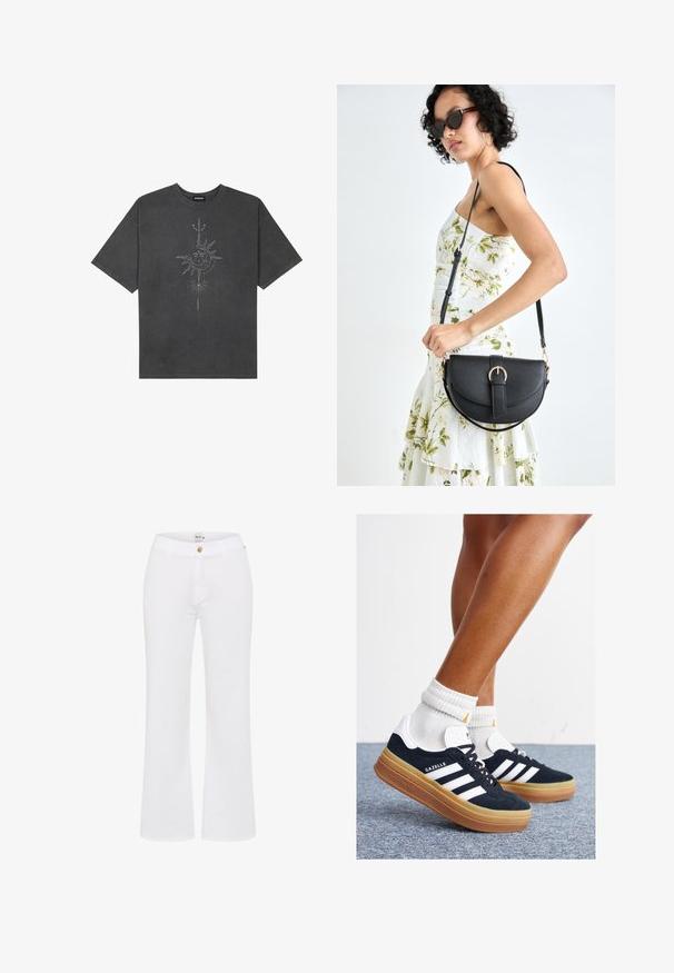 Dark gray oversized t-shirt made of cotton, featuring a central sun graphic with intricate line details printed on the front.; White, flared trousers made of cotton with a front button closure and belt loops, featuring a smooth texture and tailored design.; Black suede sneakers with white stripes and accents, rounded toe, gum rubber outsole, paired with white ribbed crew socks.; Black leather handbag with a curved shape, detachable strap, and gold hardware. The bag features a flap with a buckle detail.