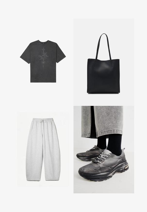 Donkergrijze oversized t-shirt van katoen, voorzien van een centrale zonafbeelding met ingewikkelde lijndetails die op de voorkant zijn gedrukt.; Lichtgrijze sweatpants met een ontspannen pasvorm, elastische tailleband, trekkoord en zijzakken; gemaakt van zachte, gestructureerde stof.; Zwarte en grijze sport schoenen hebben een mesh bovenkant, dikke zolen en veters. Ze hebben een ronde neus en zichtbare dempingsdetails.; Zwarte leren handtas met een gladde textuur, rechthoekige vorm en twee lange handvaten. Geen zichtbare hardware of versieringen.