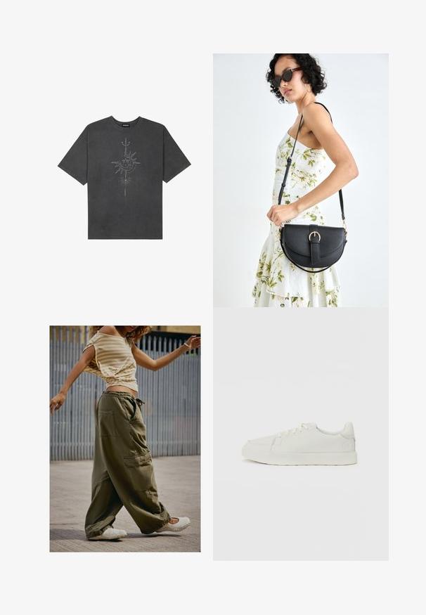 Tamno siva oversized majica od pamuka, s centralnom grafikom sunca s složenim linijskim detaljima ispisanim na prednjoj strani.; Maslinasto zelene cargo hlače s velikim džepovima, opuštenog kroja i strukom savezanom konopcem; u kombinaciji sa svijetlosmešavim prugastim topom i bijelim cipelama na vezivanje.; Bijele tenisice s glatkom teksturom, okruglim vrhom i suptilnim detaljima šivanja. Ravne vezice i naglasak logotipa na peti. Minimalistički dizajn.; Crna kožna torba s lukovitim oblikom, odvojivim remenom i zlatnim detaljima. Torba ima preklop s kopčom.