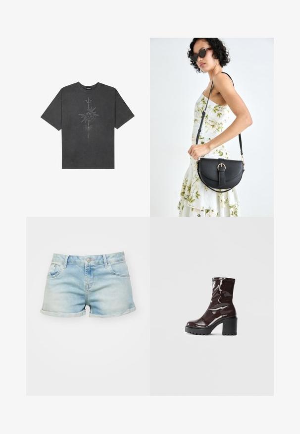 Mørkegrå oversized t-skjorte laget av bomull, med et sentralt solmotiv med intrikate linjedetaljer trykket på forsiden.; Lys blå denimshorts med slitt finish, rullede ermer, fem lommers design og knappelukking i livet.; Glinsende burgunder ankelstøvel med en kraftig svart hæl, med en glatt tekstur og enkelt design. Ingen synlige lukkinger eller mønstre.; Svart lærveske med en buet form, avtagbar stropp og gullbeslag. Vesken har et klaff med spenne-detall.