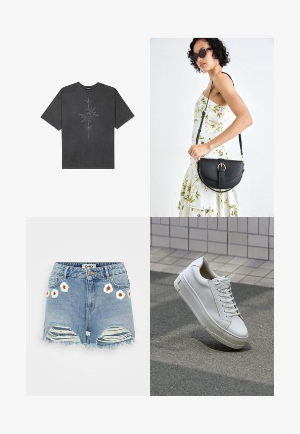 T-shirt oversized cinza escuro feito de algodão, apresentando um gráfico central do sol com detalhes de linhas intrincadas impressos na frente.; Calções de ganga em azul claro com flores brancas bordadas e centros castanhos à frente. Bainha desfiada e detalhes rasgados nas pernas.; Sapatilhas de couro branco com um design de baixo, atacadores planos, bico arredondado e lados texturizados. Sola de borracha espessa com detalhes subtis.; Bolsa de couro preta com forma curva, alça destacável e detalhes em dourado. A bolsa possui uma aba com detalhe de fivela.