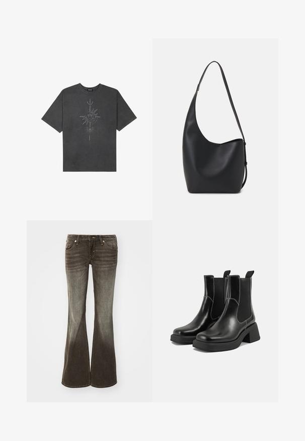Tmavě šedé oversized tričko vyrobené z bavlny, s centrálním slunečním grafickým motivem s propracovanými liniemi potištěným na přední straně.; Rozšířené džíny v tmavě šedé látce s vybledlým povrchem. Obsahují pět kapes, přední zapínání na knoflík a jemné detaily prošívání.; Černé kožené chelsea boty s masivním podpatkem, elastickými bočními panely a kontrastním bílým prošitím. Texturovaný povrch.; Černá kožená hobo taška s hladkým povrchem, zakřiveným tvarem a jedním nastavitelným popruhem; má široké otevírání nahoře.