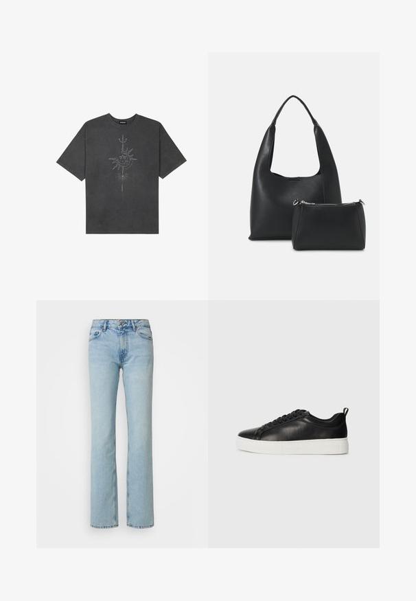 Sötétszürke, nagy méretű pamut póló, középen nap motívummal, aprólékos vonal részletekkel nyomtatva elöl.; Gina Tricot Tall LOW - Egyenes szárú farmer - light blue; Fekete, alacsony szárú bőrsportcipő fekete fűzőkkel és vastag fehér gumitalppal, a külső oldalról, fehér háttér előtt.; Even&Odd Kézitáska - black