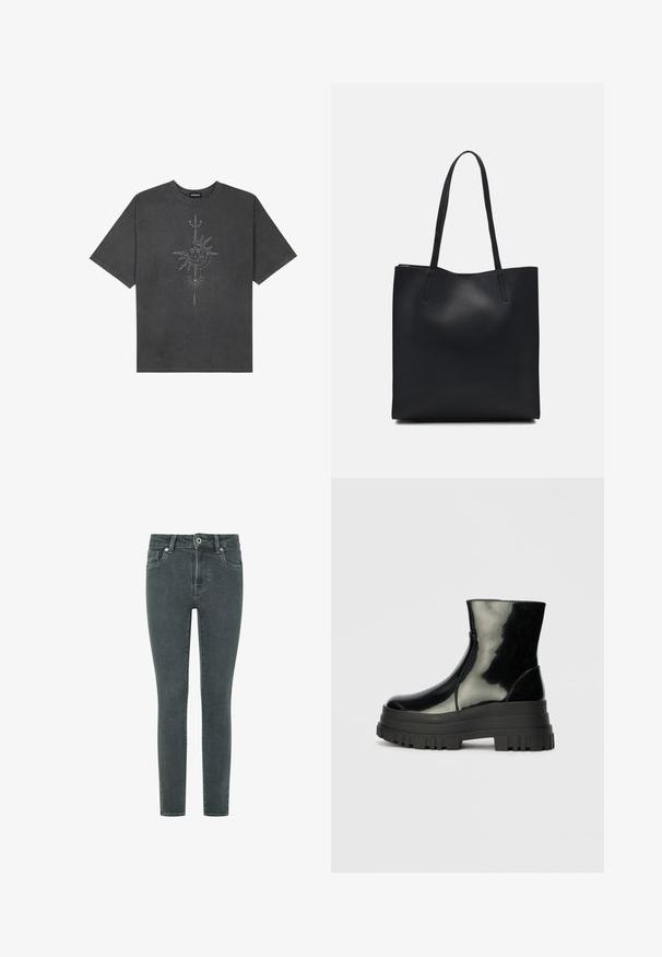 Musta harmaa ylisuurennettu t-paita, joka on valmistettu puuvillasta ja jossa on keskellä aurinkokuvio, jossa on monimutkaisia viivadetaileja painettuna etupuolelle.; Kapeiden farkkujen tummanharmaa denim, jossa on sileä rakenne. Ominaisuuksiin kuuluvat etuvetoketju, nappikiinnitys ja perinteinen viisi taskun tyyli.; Musta kiiltävä nilkkuri paksulla karkealla pohjalla ja pyöristetyllä kärjellä, sivukuva vaaleanharmaalla yksinkertaisella taustalla.; Mustapahkainen kangaskassi, jossa on sileä pinta, suorakaiteen muotoinen ja kaksi pitkää kahvaa. Ei näkyvää metalliosaa tai koristeita.