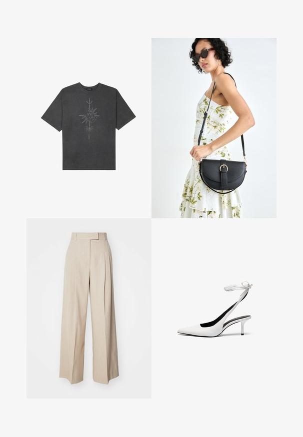 Sötétszürke, nagy méretű pamut póló, középen nap motívummal, aprólékos vonal részletekkel nyomtatva elöl.; Beige, széles lábú nadrág, textúrált anyagból, lapos elülső résszel, redőkkel és derékpánttal. A lábak egyenesek és laza esésűek.; Fehér, hegyes orrú, hátsó pánttal ellátott magassarkú cipők vékony boka pánttal. Finom bőrből készült, vékony tűsarkú, és fekete belső béléssel rendelkezik.; Fekete bőrtáska ívelt formával, levehető pánttal és arany színű fémrészekkel. A táskán egy csattal díszített fedél található.