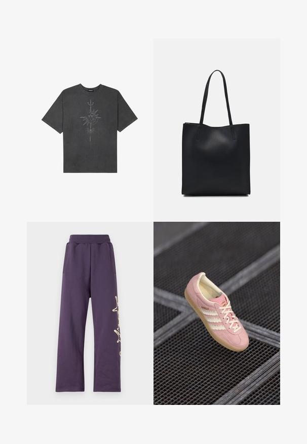 Dark gray oversized t-shirt made of cotton, featuring a central sun graphic with intricate line details printed on the front.; Purple sweatpants with an elastic waistband, side pockets, and a gold graphic design on the left leg. Soft material with a loose fit.; Pink suede sneaker with white three-stripe design, beige accents, and a gum sole. Features laces and branding on the side.; Black leather tote bag with smooth texture, rectangular shape, and two long handles. No visible hardware or embellishments.