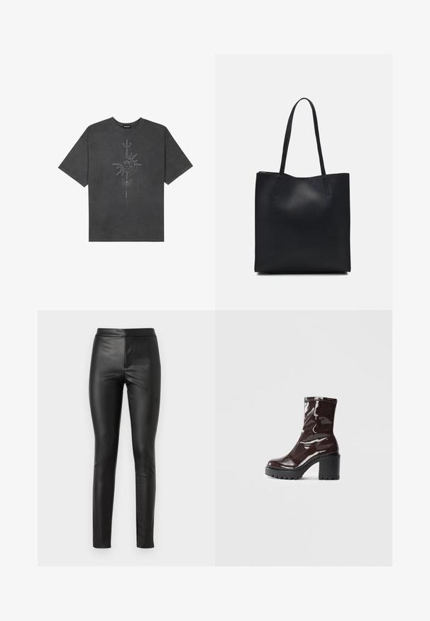 T-shirt surdimensionné gris foncé en coton, avec un graphisme central représentant un soleil, ornée de détails de lignes complexes imprimés sur le devant.; Leggings en cuir noir avec une texture lisse, coupe slim et taille haute. Comprend une couture avant pour une apparence élégante.; Bottines bordeaux brillantes à talon épais noir, avec une texture lisse et un design simple. Aucune fermeture visible ni motifs.; Sac fourre-tout en cuir noir avec une texture lisse, de forme rectangulaire et deux longues poignées. Pas de matériel ou d'ornementations visibles.