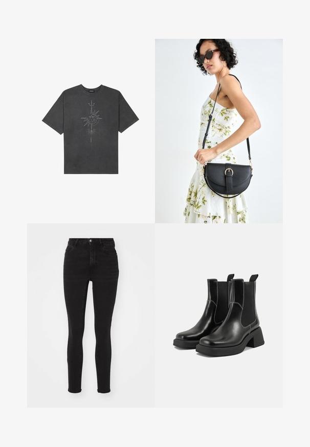 Mørkegrå oversized t-skjorte laget av bomull, med et sentralt solmotiv med intrikate linjedetaljer trykket på forsiden.; Sorte denim skinny jeans med høy midje, med fem lommer, glidelås foran og metallknapp. Glatt tekstur med lett stretch.; Sorte lær Chelsea støvler med en kraftig hæl, elastiske sidepaneler og kontrasterende hvid syning. Teksturert overflate.; Svart lærveske med en buet form, avtagbar stropp og gullbeslag. Vesken har et klaff med spenne-detall.