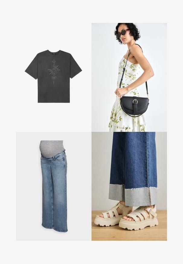 Mørkegrå oversized t-skjorte laget av bomull, med et sentralt solmotiv med intrikate linjedetaljer trykket på forsiden.; ONLY MATERNITY OLMJUICY - Wide leg - medium blue denim; Beige plattform sandaler med tykke såler har en stropdesign og justerbare ankelstropper. Båret med brede denimbukser, har den ene kanten slitt.; Svart lærveske med en buet form, avtagbar stropp og gullbeslag. Vesken har et klaff med spenne-detall.