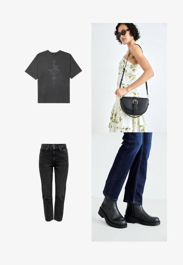 Tumehall pehmea t-särk, mis on valmistatud puuvillast, esiküljel on keeruliste joontega trükitud keskmine päikesegraafika.; ONLY Sirgete säärtega teksad - black denim; Mustad mustad nahast sääre kõrgused saabastega, millel on paks tald ja küljel elastsed paneelid, kombineeritud tumedate siniste teksadega. Maapind on heledat värvi.; Mustmust mustraha kõverate joontega, eemaldatava rihmaga ja kuldsete detailidega. Kotil on klapp, millel on pandladetail.