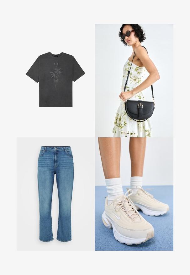 Tamsiai pilkas per didelis marškinėliai, pagaminti iš medvilnės, su centriniu saulės grafiku, turinčiu sudėtingus linijų detalizavimus, spaustu priekyje.; Šviesiai mėlynos džinsinės kelnės su tiesiu kojų kirpimu, turinčios penkias kišenes, diržo kilpas ir subtiliai išblukusius priekinius šonus.; Kreminiai sportiniai batai su tekstūruota viršūne, baltais raišteliais ir storu baltu padu. Dizainas pasižymi subtiliomis kreivėmis ir nedideliu logotipu.; Juodas odinis krepšys su išlenkta forma, nuimamu dirželiu ir auksiniais detalėmis. Krepšys turi kilpą su sagtimi.