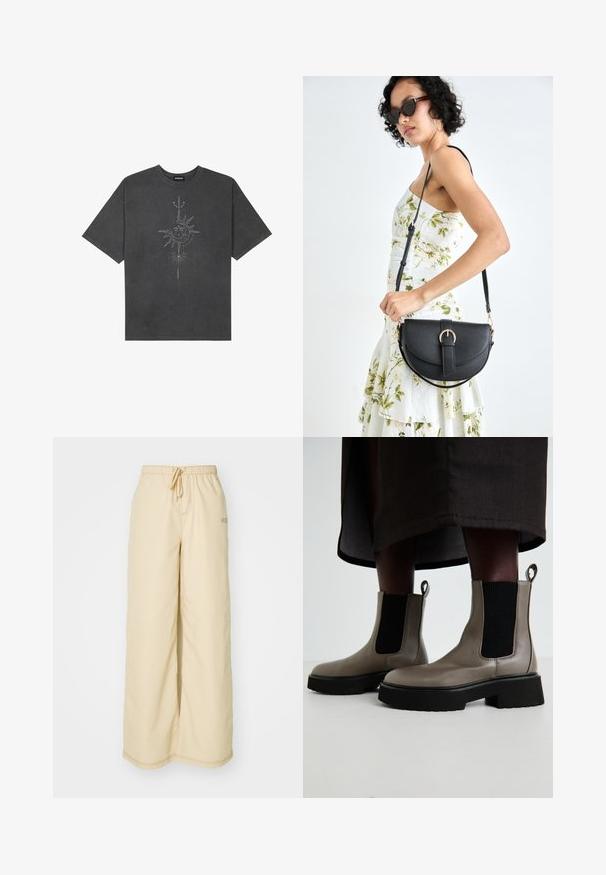 Tamsiai pilkas per didelis marškinėliai, pagaminti iš medvilnės, su centriniu saulės grafiku, turinčiu sudėtingus linijų detalizavimus, spaustu priekyje.; Sofos, kreminės spalvos, plačios kelnės, pagamintos iš minkštos medžiagos, su elastinga juosta ir raišteliu, šoninėmis kišenėmis ir subtiliomis siūlų detalėmis.; Pilkas kulkšninis batus, pagamintus iš tekstūruotos odos, su elastingomis šoninėmis panelėmis ir masyviu juodu padu. Yra užtrauktukai, skirti lengvam vilkimo procesui.; Juodas odinis krepšys su išlenkta forma, nuimamu dirželiu ir auksiniais detalėmis. Krepšys turi kilpą su sagtimi.