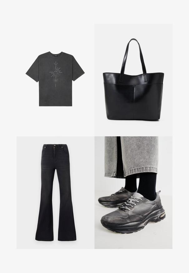 T-shirt oversized cinza escuro feito de algodão, apresentando um gráfico central do sol com detalhes de linhas intrincadas impressos na frente.; Calças de ganga pretas de cintura alta com pernas largas, fecho frontal por botão e fecho éclair, e estilo de cinco bolsos.; Sapatilhas atléticas pretas e cinzentas apresentam um upper em malha, solas espessas e atacadores. Têm um bico arredondado e detalhes de amortecimento visíveis.; Bolsa tote preta em couro com duas alças longas, textura suave e forma estruturada. Apresenta um bolso frontal para armazenamento adicional.