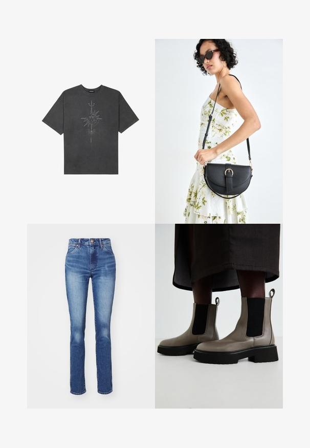 Musta harmaa ylisuurennettu t-paita, joka on valmistettu puuvillasta ja jossa on keskellä aurinkokuvio, jossa on monimutkaisia viivadetaileja painettuna etupuolelle.; Siniset farkut suoran leikkauksen, korkean vyötärön ja hillityn haalistumisen kera. Varustettu nappisuljennalla ja klassisella viiden taskun muotoilulla. Pintakudos on sileä.; Harmaat nilkkurit, jotka on valmistettu teksturoidusta nahasta ja joissa on joustavat sivupaneelit sekä paksu musta pohja. Varustettu vetoketjuilla, jotka helpottavat pukemista.; Musta nahkainen käsilaukku, joka on kaareva muotoilultaan, irrotettavalla hihnalla ja kultaisilla yksityiskohdilla. Laukussa on läppä, jossa on solk yksityiskohta.