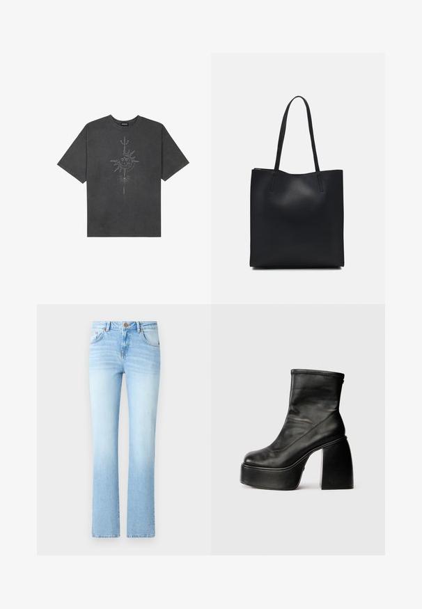 Tumehall pehmea t-särk, mis on valmistatud puuvillast, esiküljel on keeruliste joontega trükitud keskmine päikesegraafika.; Heled sinine denim viisid, millel on lai siluett, nupuga sulgemine, viis taskut ja kerge kulumisjälg.; Musthave mustad mustadade nahkkingad, millel on ümar varvas, sile tekstuur ja silmapaistev plokknakk. Omab külgkerimiseks. Minimalistlik disain.; Mustast nahast kott sujuva tekstuuriga, ristkülikukujuline ja kahe pika sangaga. Pole nähtavat riistvara ega kaunistusi.