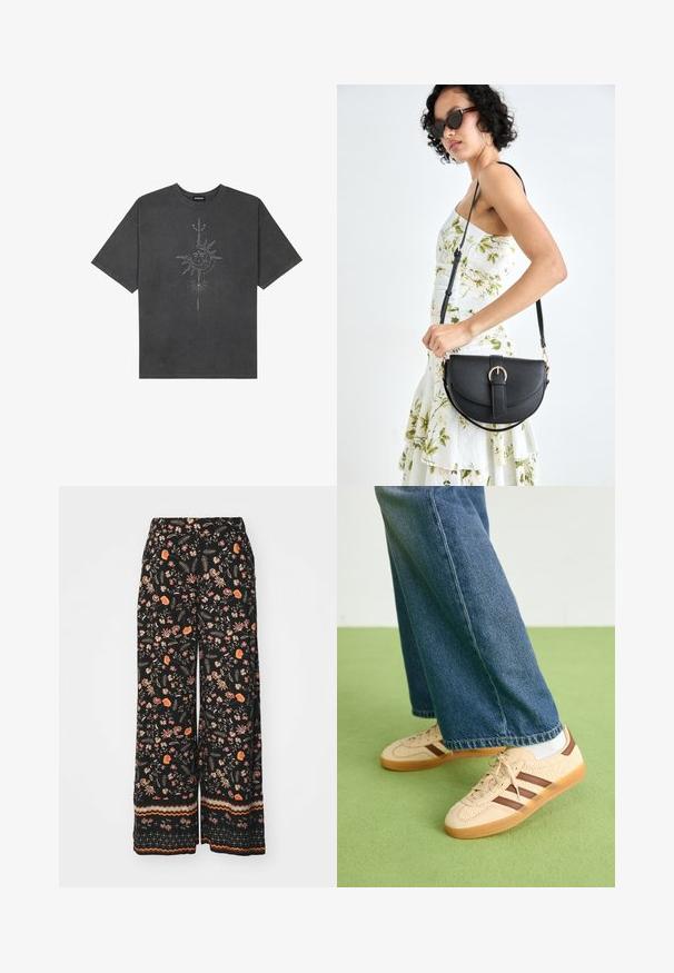 Tumehall pehmea t-särk, mis on valmistatud puuvillast, esiküljel on keeruliste joontega trükitud keskmine päikesegraafika.; Mustard mustreeritud laiad püksid, millel on värviline lillede ja lehtede muster. Püksisääre ääres on triibuline disain, mis sisaldab oranži, pruuni ja kreemjat värvi.; Beežid spordijalatsid tekstuursete kreemjatest paneelidest ja pruunidest triipudest, koos siniste denim pükstega. Püksid on avara säärega ja narmendava äärega.; Mustmust mustraha kõverate joontega, eemaldatava rihmaga ja kuldsete detailidega. Kotil on klapp, millel on pandladetail.