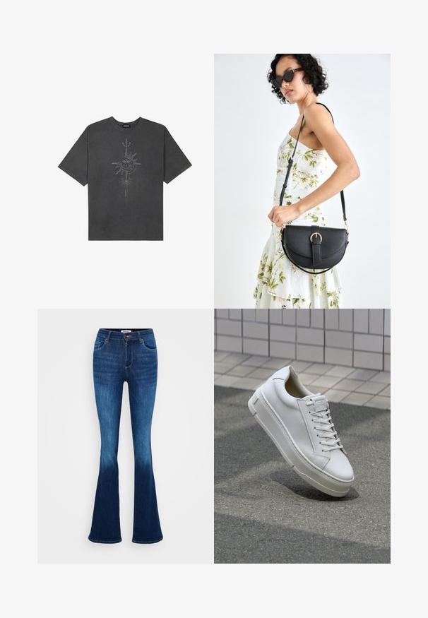 Musta harmaa ylisuurennettu t-paita, joka on valmistettu puuvillasta ja jossa on keskellä aurinkokuvio, jossa on monimutkaisia viivadetaileja painettuna etupuolelle.; ONLY Tall ONLANN MID - Flared-farkut - dark blue denim; Valkoinen nahkalenkkari, jossa on matalan kannan muotoilu, litteät nauhat, pyöristetty kärki ja texturoitu sivu. Paksu kumipohja, jossa on hillittyjä yksityiskohtia.; Musta nahkainen käsilaukku, joka on kaareva muotoilultaan, irrotettavalla hihnalla ja kultaisilla yksityiskohdilla. Laukussa on läppä, jossa on solk yksityiskohta.