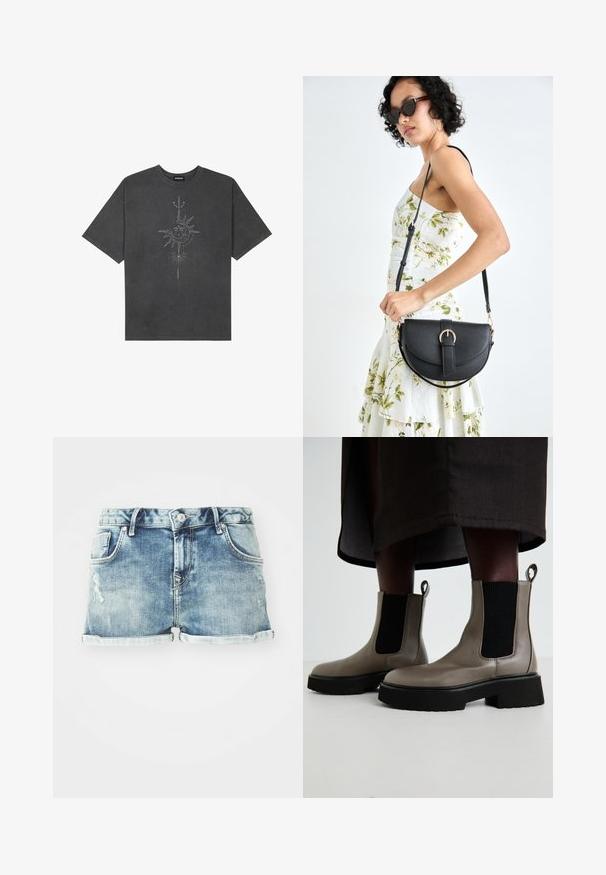 Tumši pelēks, pārspīlēts T-krekls, izgatavots no kokvilnas, ar centrālo saules grafiku ar sarežģītām līniju detaļām, kas izdrukātas priekšpusē.; Gaiši zilas džinsu šorti ar apvīlktām malām, pieciem kabatām un nolietotu detaļu akcentiem, radot ikdienišķu izskatu.; Pelēki potītes zābaki, kas izgatavoti no teksturētas ādas, ar elastīgām sānu paneļām un masīvu melnu zoli. Ar vilkšanas cilpām vieglai uzvilkšanai.; Melnas ādas rokassoma ar izliekta formu, noņemamu siksnu un zelta aksesuāriem. Somai ir vāciņš ar sprādzes detaļu.