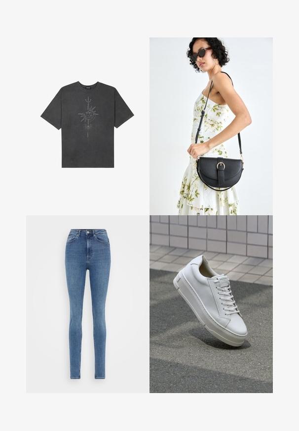 Temno siva oversize majica iz bombaža, z centralno grafiko sonca z zapletenimi črtnimi podrobnostmi natisnjenimi spredaj.; Ženski skinny traperice v srednji modri barvi, z visokim pasom, petimi žepi in gladko teksturo. Klasično šivanje z gumbom za zapiranje.; Beli usnjeni športni copat z nizkim dizajnom, ravnimi vezalkami, zaobljenim nosom in teksturiranimi stranicami. Debel gumijast podplat z diskretnimi poudarki.; Črna usnjena torbica s ukrivljeno obliko, z odstranljivo naramnico in zlatimi dodatki. Torbica ima pokrov s podrobnostmi v obliki zaponke.