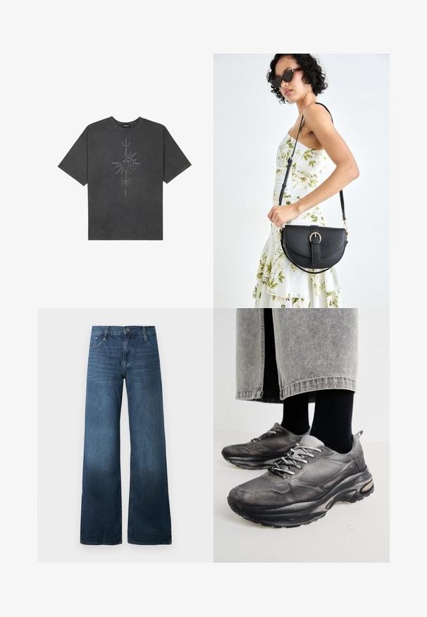 Ciemnoszara, oversize koszulka wykonana z bawełny, z centralnym nadrukiem graficznym słońca z misternymi detalami na przedzie.; Ciemnoniebieskie spodnie dżinsowe o szerokich nogawkach, wykonane z denimu, z wysokim stanem, pięcioma kieszeniami oraz delikatnym wyblaknięciem na dole. Standardowe zapięcie na guzik.; Czarno-szare buty sportowe mają siatkową cholewkę, grube podeszwy i sznurowadła. Mają zaokrąglony nosek i widoczną poduszkę amortyzującą.; Czarna skórzana torebka o zakrzywionym kształcie, z odpinanym paskiem i złotymi akcentami. Torebka posiada klapę z zapięciem w kształcie klamry.