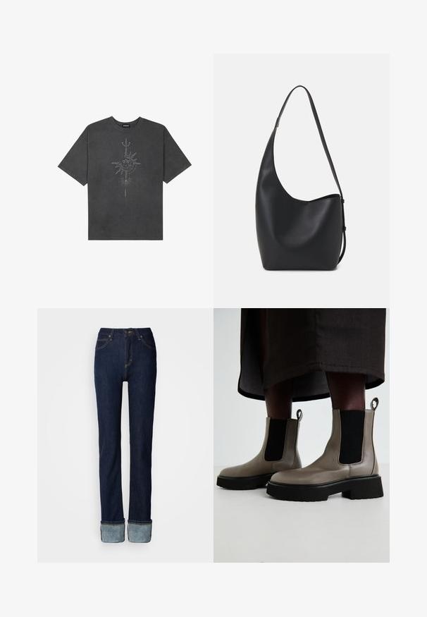 Tumehall pehmea t-särk, mis on valmistatud puuvillast, esiküljel on keeruliste joontega trükitud keskmine päikesegraafika.; Tumesinised teksapüksid sirge säärega, millel on rullitud mansett ja kontrastne õmblus. Keskmise kõrgusega vöökoht ja klassikaline nööpkinnitusega.; Hallide hallukad, mis on valmistatud tekstuursest nahast, millel on elastsed külgpaneelid ja massiivne must tald. Omab tõmblukke mugavaks selga panemiseks.; Mustast nahast hobo kott, millel on sile tekstuur, kumer kuju ja üks reguleeritav rihm; peal on lai avaus.