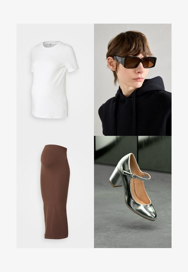 Vitt graviditetströja i mjuk bomull, med korta ärmar, rund halsringning och en figurnära design som rymmer en växande mage.; Brun ribbade midi kjol med elastisk midja, som har en figursydd silhuett och slät textur. Ingen framträdande mönster eller accent synlig.; Metallisk silverfärgad Mary Jane-hæl med rund tå, ankelrem och klack i blockform, med en slät yta och ljusbrun interiör.; Svarta överdimensionerade solglasögon med en glänsande yta, rektangulär form, brunt tonade linser och gyllene logotypdetalj på skalmarna.