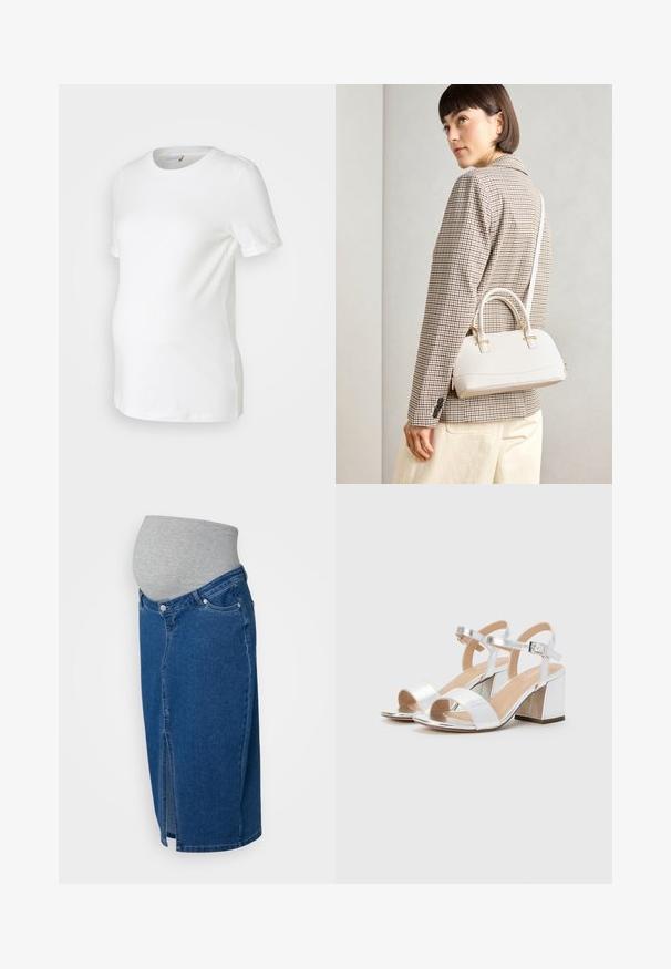 Balta nėštumo marškinėliai, pagaminti iš minkštos medvilnės, su trumpomis rankovėmis, apvaliu iškirpimu ir prigludusia forma, patogiai pritaikyta augančiam pilvui.; Nėštumo džinsinė sijonas, pasižymintis tamsiai mėlynu atspalviu, priekinės skeltos ir minkšta pilka elastinga juosta, užtikrinančia komfortą ir patogumą dėvint.; Sidabrinės aukštakulnės šlepetės su atviromis pirštinėmis, turinčios dvi plačias juostas ir suapvalintą bloko kulną. Lygus paviršius su metalizuotu apdaila.; Balta struktūruota rankinė su trumpomis rankenomis ir peties diržu, su auksinėmis detalėmis ir tekstūruota medžiaga, pastatyta prieš pilką foną.