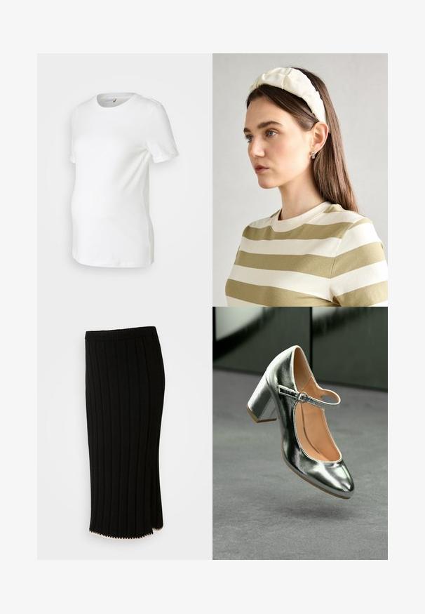 Tricou maternitate alb, fabricat din bumbac moale, cu mâneci scurte, decolteu rotund și un design ajustat care se potrivește unui burtici în creștere.; Fustă tricotată neagră cu nervuri verticale, talie ajustată și o fanta laterală cu un accent decorativ de aur pe margine.; Pantofii cu toc Mary Jane, argintii metalici, au vârful rotund, curea la gleznă și toc pătrat, având o textură netedă și un interior bej deschis.; Bandă de cap din material moale, de culoare crem, cu un design răsucit, purtată alături de o bluză în dungi bej și albă, cu guler rotund. Accente discrete din bijuterii.