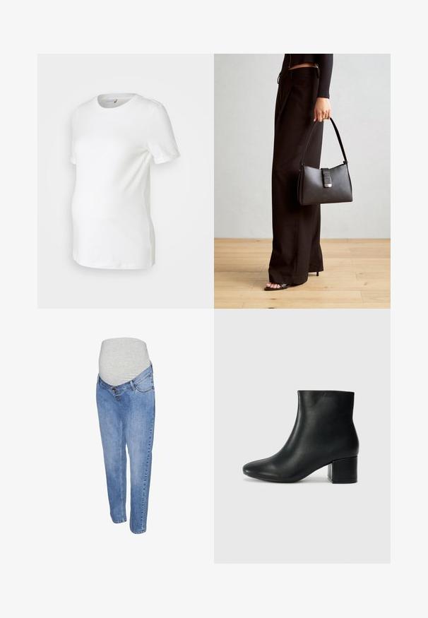 Valge rasedus T-särk, mis on valmistatud pehmest puuvillast, lühikeste varrukatega, ümmarguse kaelusega ja kitsas disain, mis sobib kasvavale kõhule.; Rasedusjeansid, mis on valmistatud heledast sinisest denimist, sirge sääre disainiga ning hall elastne kõhuliist mugavuse tagamiseks.; Mustad nahast pahkluu saapad terava varbaga ja jämeda kandaga. Sile tekstuur minimaalse aktsentidega ja stiilne, lihvitud disain.; Must musta kott, millel on struktureeritud kuju, sile tekstuur ja metallist klamber. Kombineeritud laiate mustade pükstega ja avatud varvaste sandaalidega puidust põrandal.