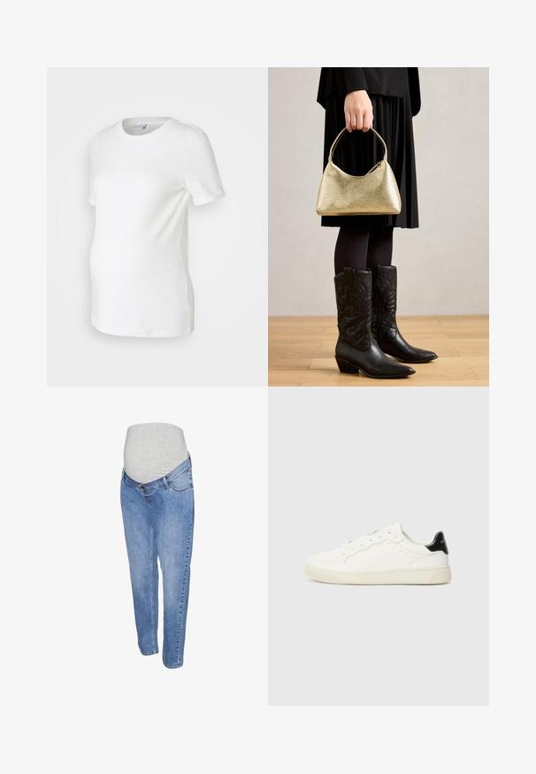 Fehér kismama póló, puha pamutból készült, rövid ujjakkal, kerek nyakkivágással és olyan fazonnal, amely alkalmazkodik a növekvő hasi mérethez.; Kismama farmernadrág, világoskék denim anyagból, egyenes szárú fazonnal és szürke elastikus pocakpánttal a kényelem érdekében.; Fehér bőr sportcipők kerek orral, fűzős elejével, perforált részletekkel és fekete sarokpárnával. Texturált gumi talp.; Arany textúrájú kézi táska, ívelt formával és rövid pánttal, amelyet egy fekete pliszírozott szoknyát és fekete bőr cowboy csizmát viselő személy tart.