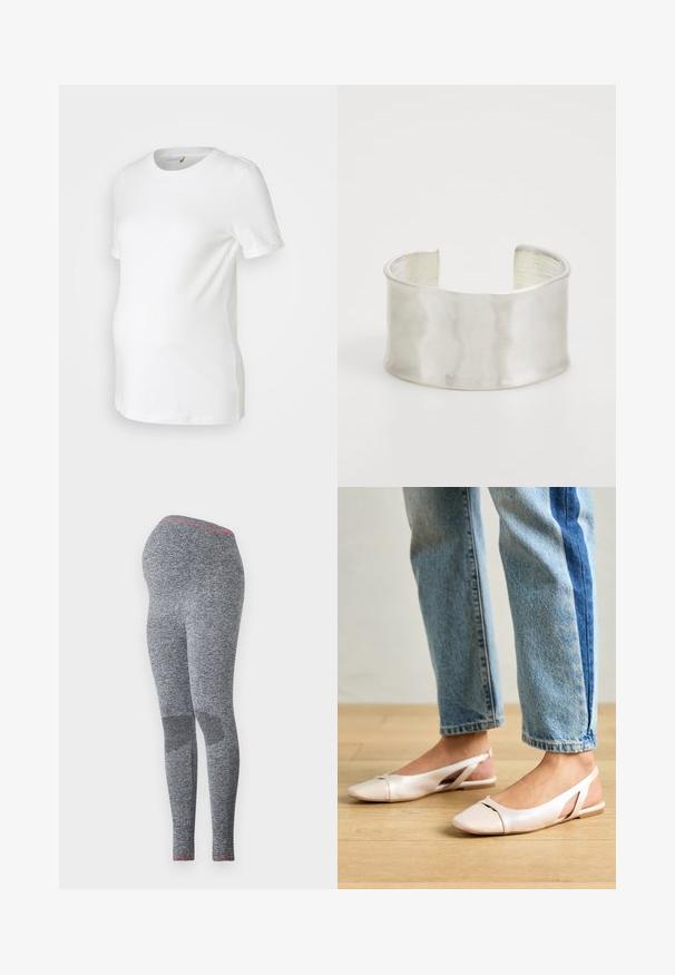 Balta nėštumo marškinėliai, pagaminti iš minkštos medvilnės, su trumpomis rankovėmis, apvaliu iškirpimu ir prigludusia forma, patogiai pritaikyta augančiam pilvui.; Tamsiai pilkos nėštumo legginsai su tekstūruotu paviršiumi ir rožiniu akcentu juosmenyje, suprojektuoti su prigludusia siluetu.; Šviesiai rožiniai slingback baleto bateliai su smailiu pirštu, pagaminti iš lygios odai panašios medžiagos. Yra išpjovimų detalės šonuose ir plokščias kulnas.; Zign Apyrankė - silver-coloured