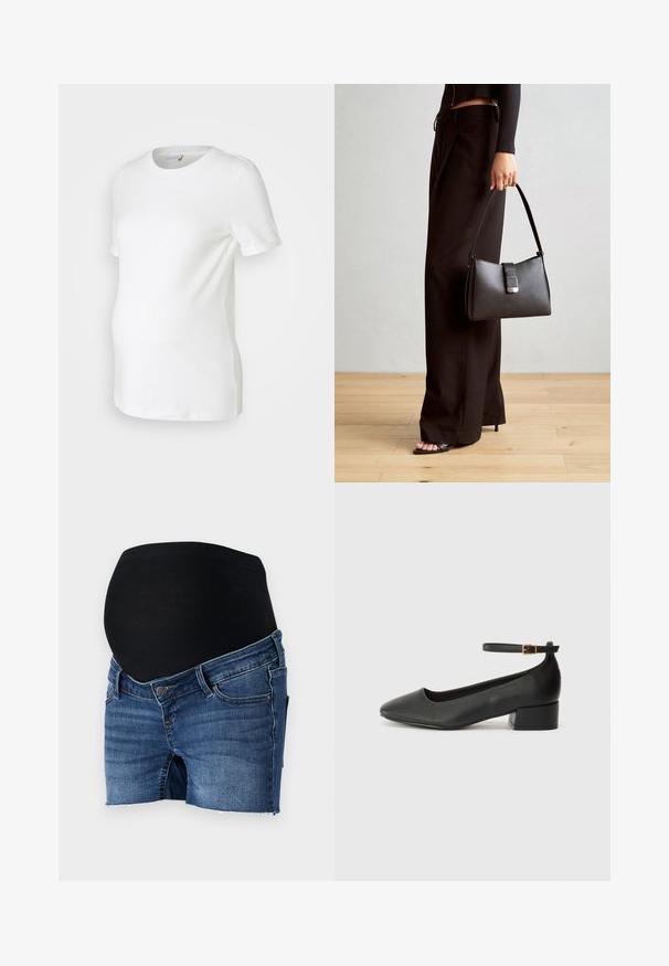 Fehér kismama póló, puha pamutból készült, rövid ujjakkal, kerek nyakkivágással és olyan fazonnal, amely alkalmazkodik a növekvő hasi mérethez.; Kismama farmer rövidnadrág rugalmas fekete derékrésszel, kék farmer anyagból készült, testhezálló fazonú és rojtos szegésekkel.; Fekete bőr magassarkú cipő hegyes orral és alacsony tömb sarkal. Bokapánttal rendelkezik, aranyszínű csattal. Simább textúra.; Fekete kézi táska strukturált formával, sima textúrával és fémből készült záródással. Széles fekete nadrággal és nyitott orrú szandállal párosítva, fából készült padlón.