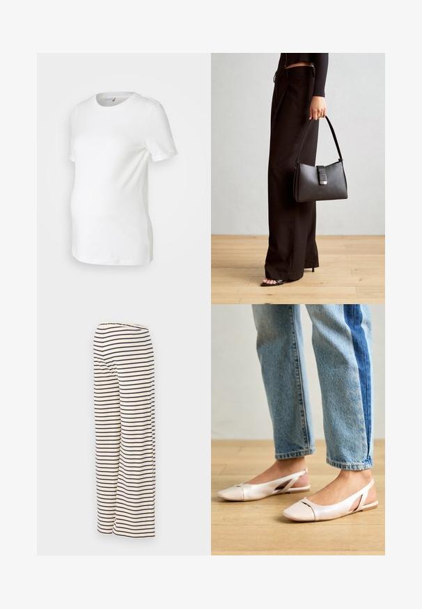 Biele tehotenské tričko z mäkkého bavlneného materiálu, s krátkymi rukávmi, okrúhlym výstrihom a priliehavým strihom, ktorý sa prispôsobuje rastúcemu bruchu.; Prúžkové široké nohavice v krémovej farbe s námorníckymi horizontálnymi pruhmi, vyrobené z mäkkej tkaniny a so elastickým pásom pre pohodlie.; Svetloružové slingback baleríny s jemne špicatou špičkou, vyrobené z hladkého materiálu pripomínajúceho kožu. Majú výrezové detaily na stranách a plochý opätok.; Čierna kabelka so štruktúrovaným tvarom, hladkou textúrou a kovovou sponou. V kombinácii so širokými čiernymi nohavicami a sandálmi s otvorenou špičkou na drevenej podlahe.