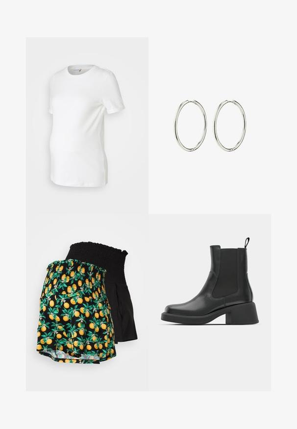 Camiseta de maternidad blanca hecha de algodón suave, con mangas cortas, un cuello redondo y un diseño ajustado que se adapta a una barriga en crecimiento.; Dos pares de pantalones cortos: uno con una cinturilla fruncida negra y un cuerpo negro, y el otro presenta un vibrante estampado de cítricos en amarillo-naranja sobre un fondo negro.; Botas de cuero negro hasta el tobillo con paneles laterales elásticos, punta redondeada y un tacón grueso. Textura suave con un diseño minimalista.; Pendientes de aro de plata con un acabado suave y pulido. Forma redonda, diseño ligero, con un mecanismo de cierre seguro.