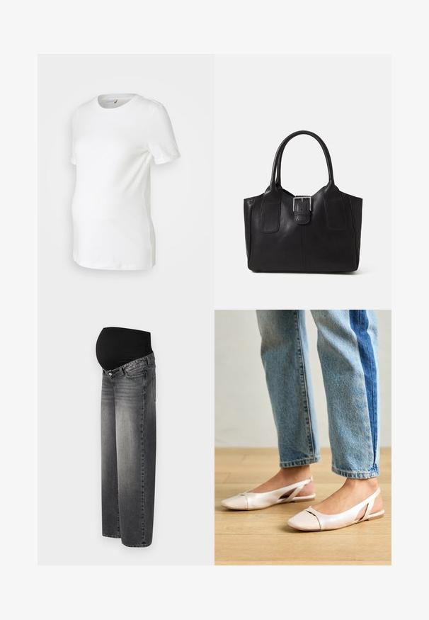 White maternity t-shirt made of soft cotton, featuring short sleeves, a round neckline, and a fitted design accommodating a growing belly.; Maternity jeans in faded black denim, featuring a stretchy black waistband for support. Wide-leg design with standard front pockets.; Pale pink slingback flats with a pointed toe, made from a smooth leather-like material. Features cut-out details at the sides and a flat heel.; Black leather tote bag with smooth texture, structured shape, two handles, and a prominent silver buckle detail on the front.