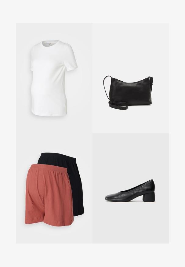White maternity t-shirt made of soft cotton, featuring short sleeves, a round neckline, and a fitted design accommodating a growing belly.; Two pairs of pleated shorts: one in coral and one in black. Both feature a textured fabric and elastic waistband.; Black leather pump with a rounded toe and mid-block heel. Smooth texture with minimal detailing, featuring a subtle elastic opening.; Black leather shoulder bag with a smooth texture, curved shape, adjustable strap, and a zip closure. Minimalist design without embellishments.; Clear and amber resin rings, one smooth and transparent, the other with a textured, amber finish. Both feature rounded, chunky designs.