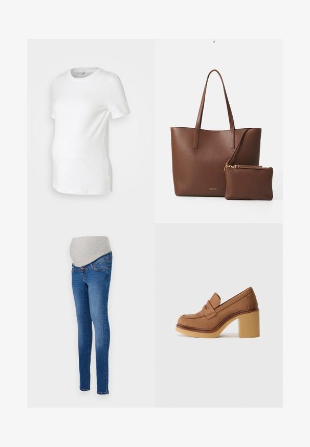 Bela majica za nosečnice iz mehkega bombaža, z kratkimi rokavi, okroglo ovratnikom in prilegajočim dizajnom, ki omogoča prostor rastočemu trebuhu.; Materinske kavbojke v modrem denimu s prilagojeno obliko. Imajo sivo raztegljivo ploščo za udobje. Klasična zasnova s petimi žepi z rahlim bledenjem.; Rjave semiš loaferje z nizko platformo in kvadratno blok peta, ki imajo podrobnost sprednje zaponke in gladko teksturo.; Rjava torba iz umetnega usnja z dvema dolgima ročajema in ujemajočo se majhno torbico. Površina ima teksturiran vzorec in zlate kovinske dodatke.