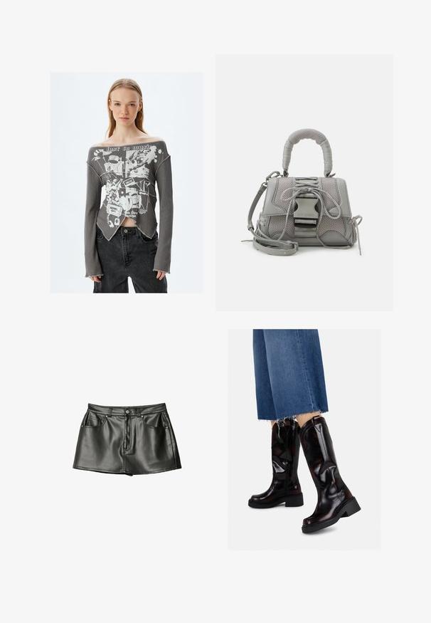 Haut gris côtelé à manches longues, décolleté bardot, avec un design graphique blanc présentant des éléments musicaux, ourlet brut et côtés fendillés.; Mini-jupe en cuir noir au toucher lisse, dotée de deux poches avant et de boutons en métal. Longueur courte et coupe classique.; Bottes montantes en cuir verni noir avec un large talon et une fermeture éclair sur le côté. Texture lisse avec une finition brillante et des éléments de design structurés.; Sac à main gris texturé avec une poignée rembourrée, des accents en maille, une bandoulière ajustable et un fermoir à l'avant. Design compact avec une forme arrondie.